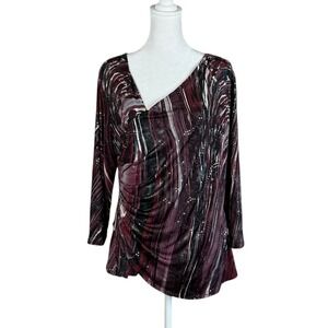 Drapers Damons Top Large Burgundy Swirl Sparkle Party Draped Dolman Stretch